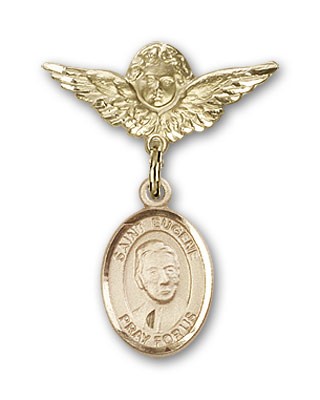 Pin Badge with St. Eugene de Mazenod Charm and Angel with Smaller Wings Badge Pin - 14K Solid Gold