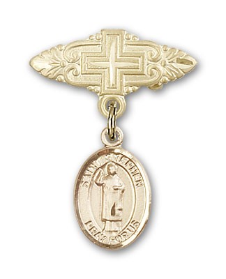 Pin Badge with St. Stephen the Martyr Charm and Badge Pin with Cross - Gold Tone