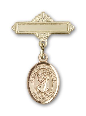 Pin Badge with St. Christopher Charm and Polished Engravable Badge Pin - Gold Tone