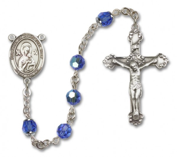 Our Lady of Perpetual Help Sterling Silver Heirloom Rosary Fancy Crucifix - Sapphire