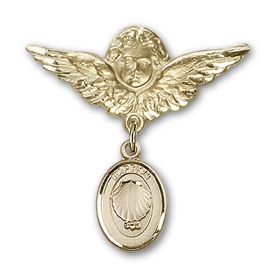 Baby Pin with Baptism Charm and Angel with Larger Wings Badge Pin - 14K Solid Gold