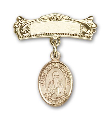 Pin Badge with St. Basil the Great Charm and Arched Polished Engravable Badge Pin - Gold Tone