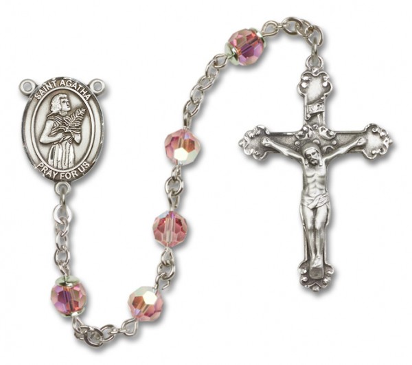 St. Agatha Sterling Silver Heirloom Rosary Fancy Crucifix - Light Rose