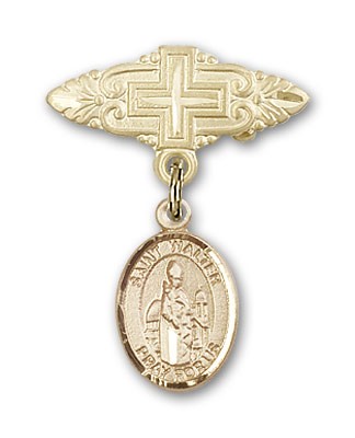 Pin Badge with St. Walter of Pontnoise Charm and Badge Pin with Cross - Gold Tone