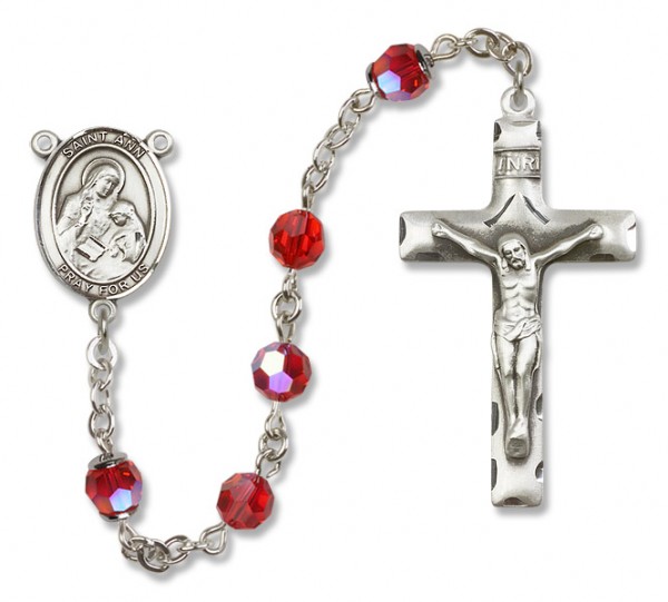 St. Ann Sterling Silver Heirloom Rosary Squared Crucifix - Ruby Red