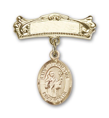 Pin Badge with St. Augustine Charm and Arched Polished Engravable Badge Pin - Gold Tone