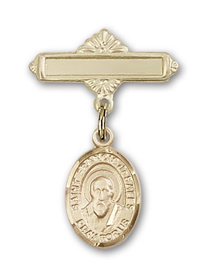 Pin Badge with St. Francis de Sales Charm and Polished Engravable Badge Pin - 14K Solid Gold