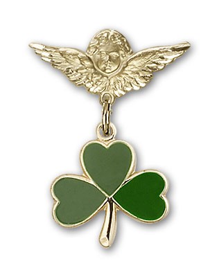 Pin Badge with Shamrock Charm and Angel with Smaller Wings Badge Pin - 14K Solid Gold