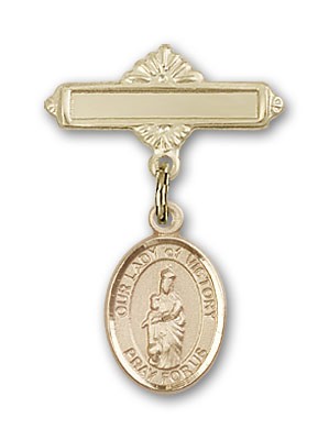 Pin Badge with Our Lady of Victory Charm and Polished Engravable Badge Pin - Gold Tone