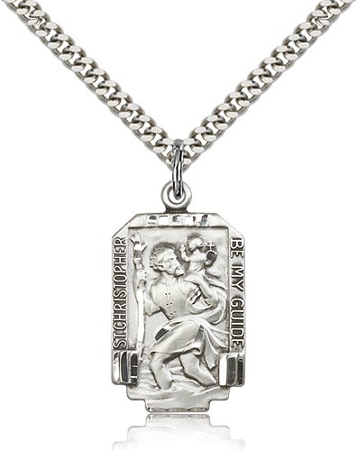 Rectangular St. Christopher Necklace with Satin Finish - Sterling Silver