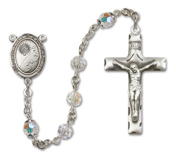 Footprints Cross Sterling Silver Heirloom Rosary Squared Crucifix - Crystal