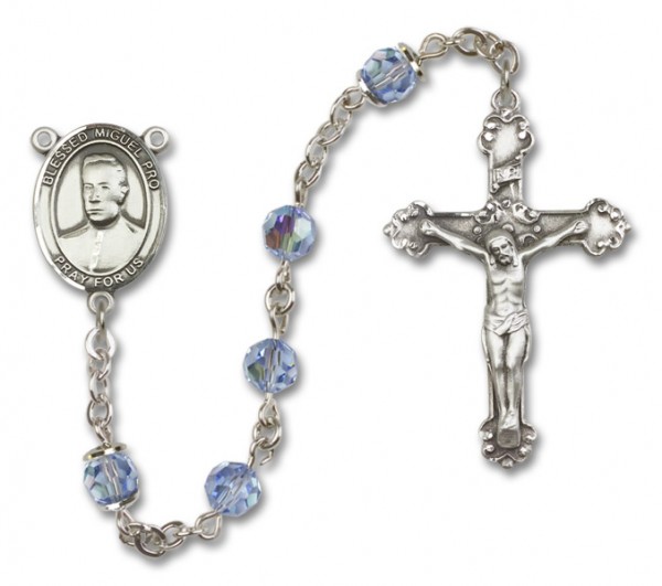 Blessed Miguel Pro Sterling Silver Heirloom Rosary Fancy Crucifix - Light Sapphire