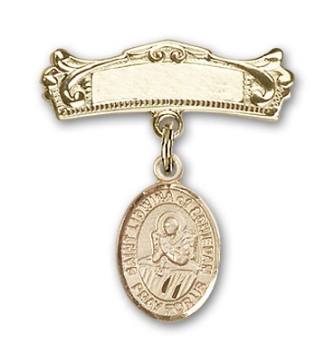 Pin Badge with St. Lidwina of Schiedam Charm and Arched Polished Engravable Badge Pin - Gold Tone