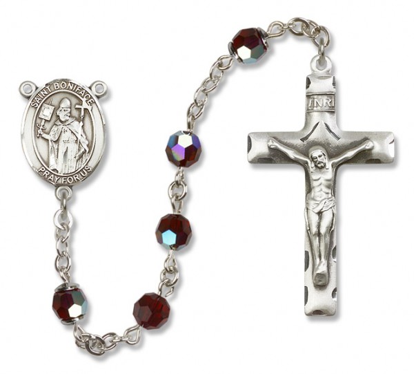 St. Boniface Sterling Silver Heirloom Rosary Squared Crucifix - Garnet