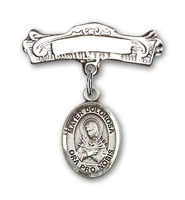 Pin Badge with Mater Dolorosa Charm and Arched Polished Engravable Badge Pin - Silver tone