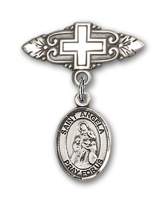 Pin Badge with St. Angela Merici Charm and Badge Pin with Cross - Silver tone