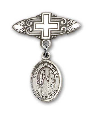 Pin Badge with St. Genevieve Charm and Badge Pin with Cross - Silver tone