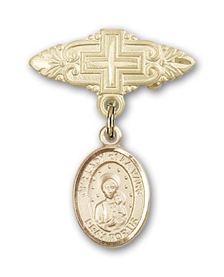 Pin Badge with Our Lady of la Vang Charm and Badge Pin with Cross - 14K Solid Gold