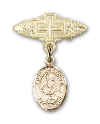 Pin Badge with St. Alexander Sauli Charm and Badge Pin with Cross - Gold Tone