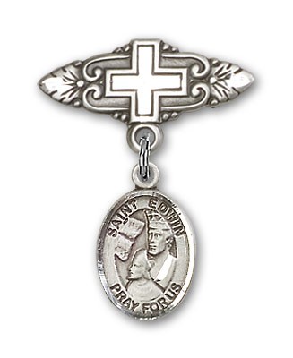 Pin Badge with St. Edwin Charm and Badge Pin with Cross - Silver tone