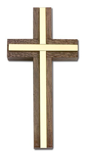4 Inch Walnut Wall Cross with Metal Inlay, two color combination - Gold Tone
