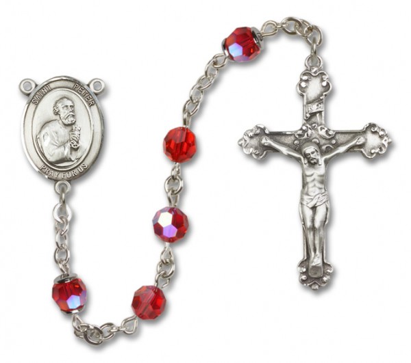St. Peter the Apostle Sterling Silver Heirloom Rosary Fancy Crucifix - Ruby Red