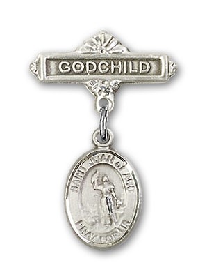 Pin Badge with St. Joan of Arc Charm and Godchild Badge Pin - Silver tone