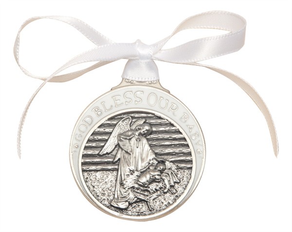 White Ribbon Angel in Manger Crib Medal in Pewter - White | Silver