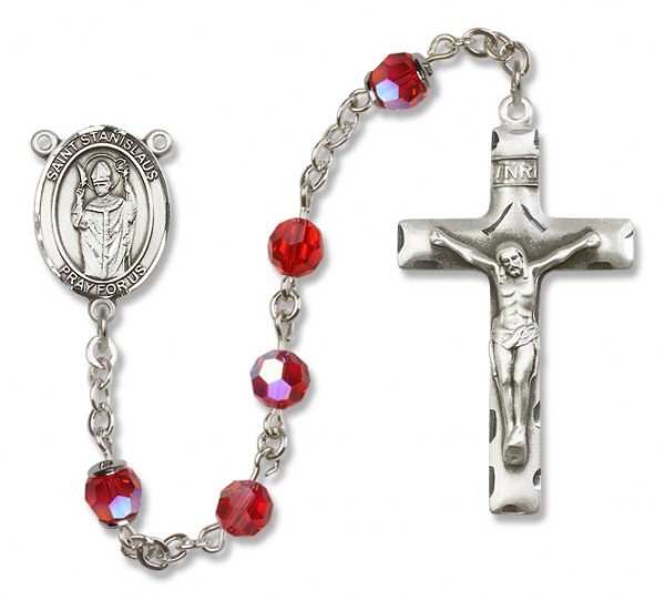 St. Stanislaus Sterling Silver Heirloom Rosary Squared Crucifix - Ruby Red