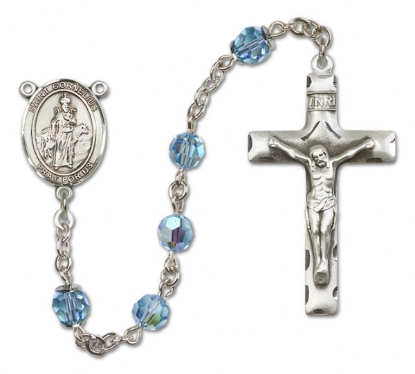 St. Cornelius Sterling Silver Heirloom Rosary Squared Crucifix - Aqua