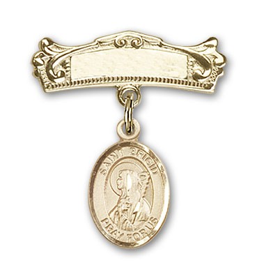 Pin Badge with St. Brigid of Ireland Charm and Arched Polished Engravable Badge Pin - 14K Solid Gold