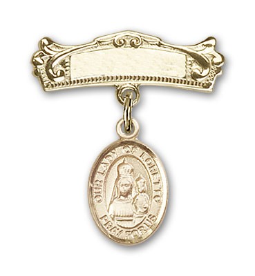 Pin Badge with Our Lady of Loretto Charm and Arched Polished Engravable Badge Pin - 14K Solid Gold