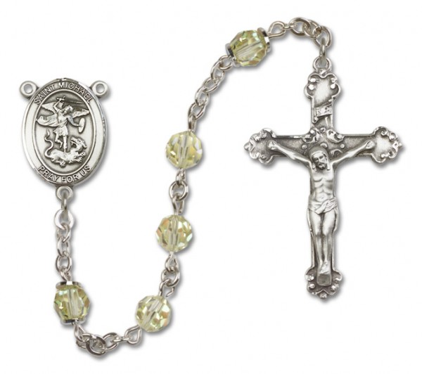 St. Michael the Archangel Sterling Silver Heirloom Rosary Fancy Crucifix - Zircon