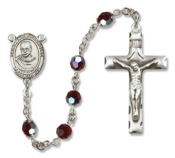 St. Maximilian Kolbe Sterling Silver Heirloom Rosary Squared Crucifix - Garnet