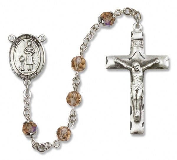 St. Genesius of Rome Sterling Silver Heirloom Rosary Squared Crucifix - Topaz