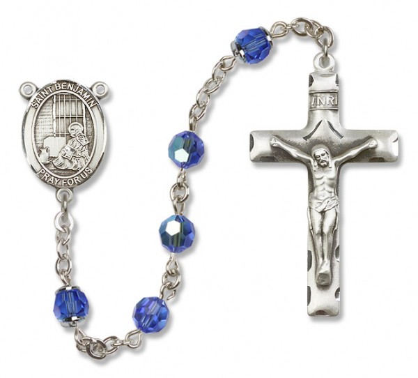 St. Benjamin Sterling Silver Heirloom Rosary Squared Crucifix - Sapphire