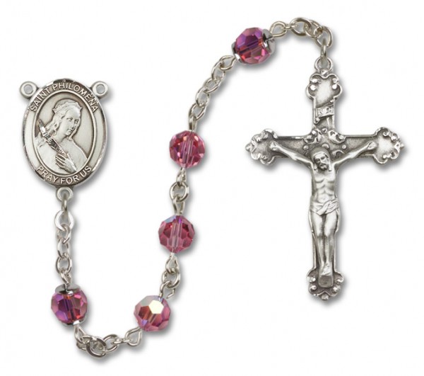 St. Philomena Sterling Silver Heirloom Rosary Fancy Crucifix - Rose