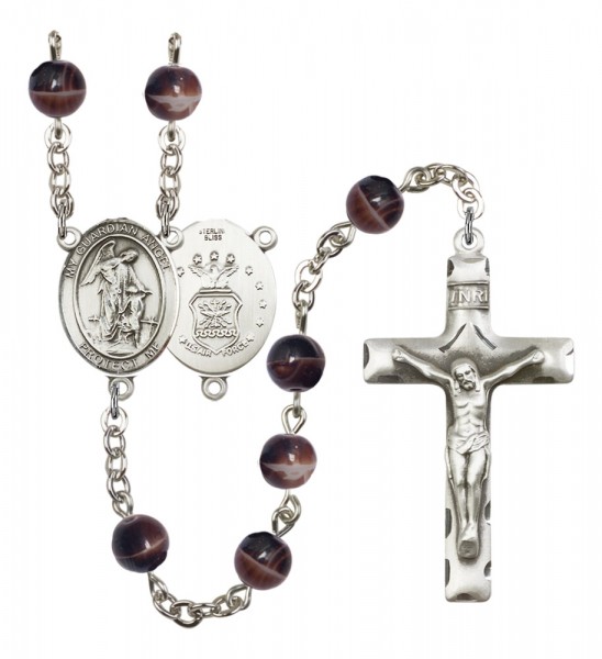 Men's Guardian Angel Air Force Silver Plated Rosary - Brown