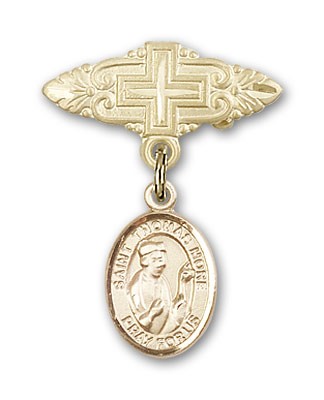 Pin Badge with St. Thomas More Charm and Badge Pin with Cross - 14K Solid Gold