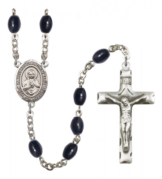Men's Corazon Inmaculado de Maria Silver Plated Rosary - Black Oval