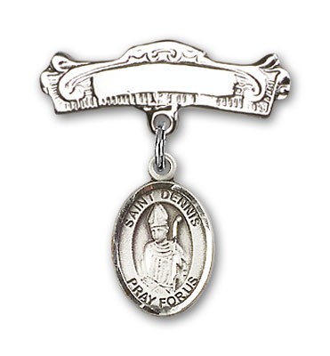 Pin Badge with St. Dennis Charm and Arched Polished Engravable Badge Pin - Silver tone