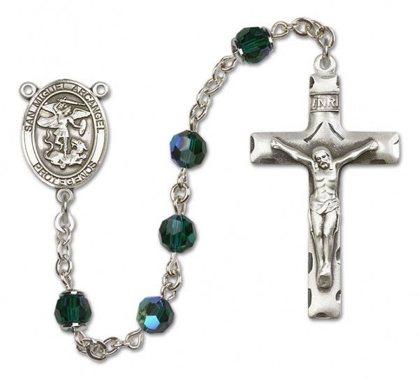 San Miguel the Archangel Sterling Silver Heirloom Rosary Squared Crucifix - Emerald Green