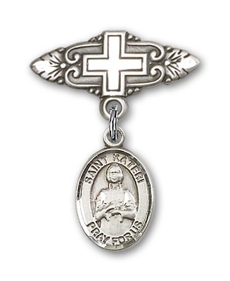 Pin Badge with St. Kateri Charm and Badge Pin with Cross - Silver tone