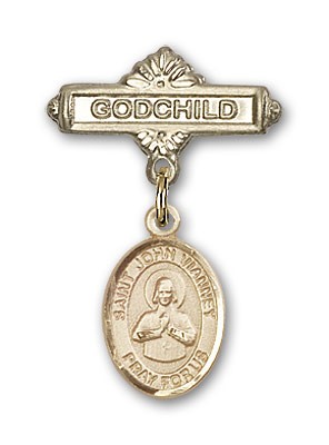 Pin Badge with St. John Vianney Charm and Godchild Badge Pin - 14K Solid Gold