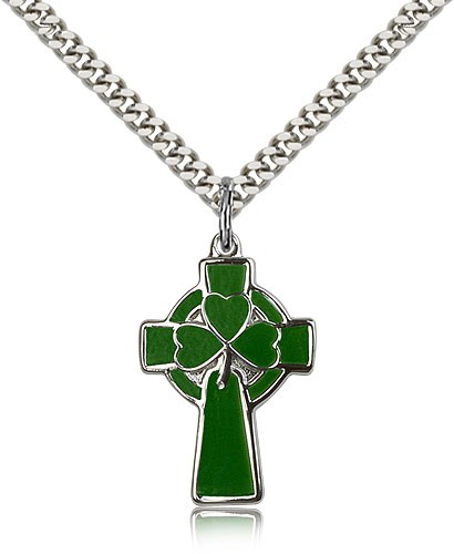 Green Enamel Celtic Cross Pendant - Sterling Silver