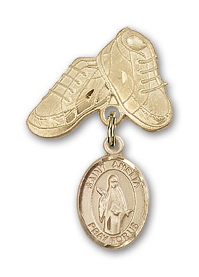 Pin Badge with St. Amelia Charm and Baby Boots Pin - Gold Tone