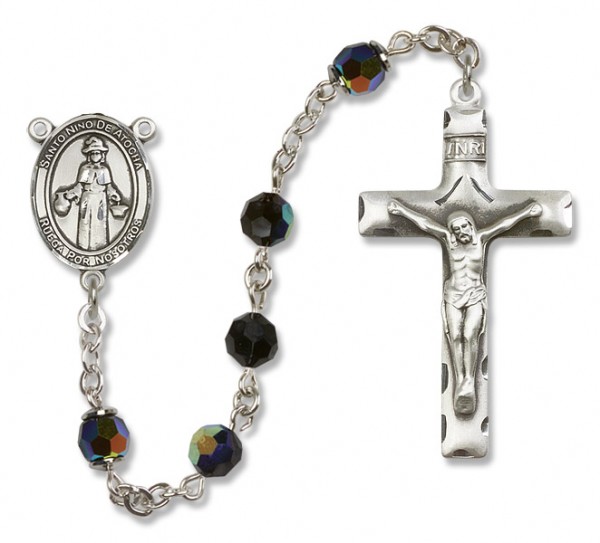 St. Nino de Atocha Sterling Silver Heirloom Rosary Squared Crucifix - Black