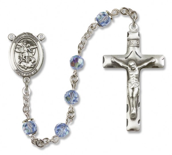 St. Michael the Archangel Sterling Silver Heirloom Rosary Squared Crucifix - Light Sapphire