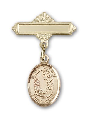 Pin Badge with St. Cecilia Charm and Polished Engravable Badge Pin - Gold Tone