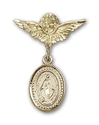 Baby Pin with Miraculous Charm and Angel with Smaller Wings Badge Pin - Gold Tone